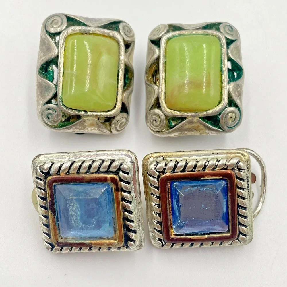Vintage 2 Pair Lot Clip On Earrings Green Cabochon Blue Glass Square Retro Set